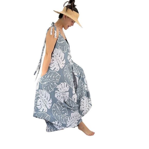 Pōʻalima Gray White Monstera Tropical Boho Wide Leg Beach Romper - Picture 16 of 16